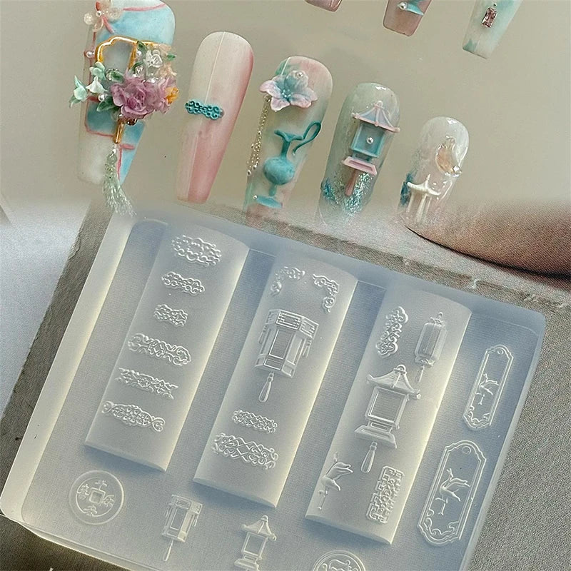 3D Silicone Nail Art Mold – Lotus Lantern Goldfish Carving Stencil