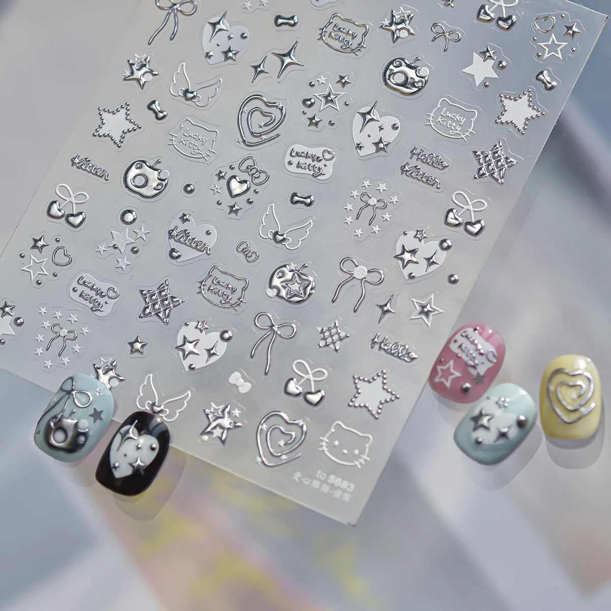 5D Embossed Silver Metallic Nail Art Stickers – Stars & Bows