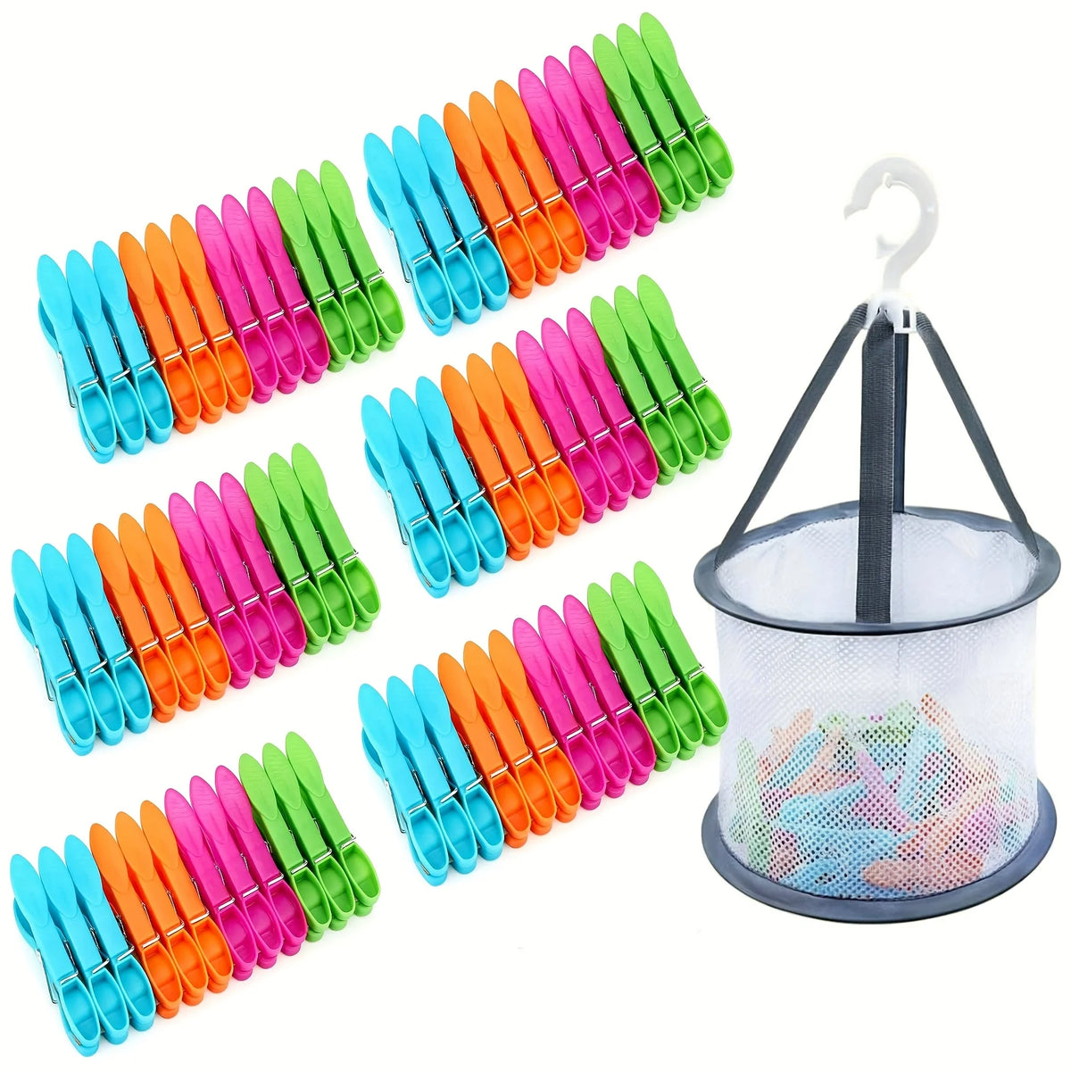 Windproof No-Mark Laundry Clips with Storage Basket – Colorful