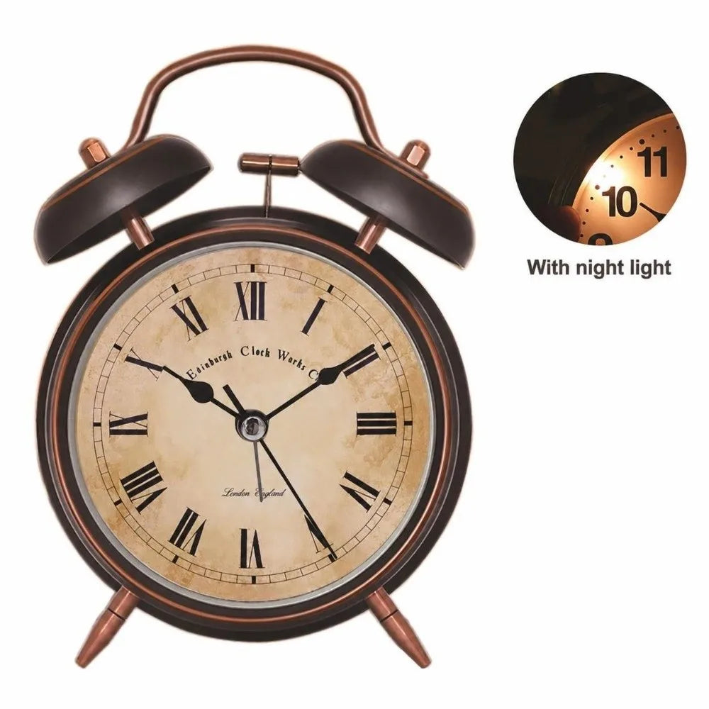 4-Inch Retro Alarm Clock Black & Gold | Night Light & Silent