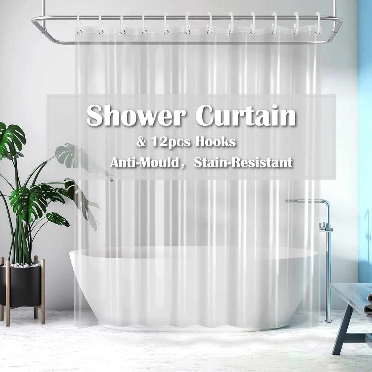 Waterproof Shower Curtain 180x180cm + 12 Hooks | Anti-Mould PEVA