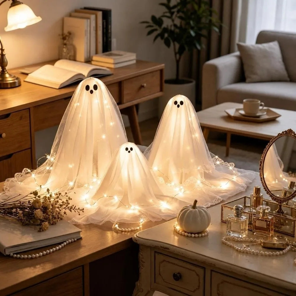 3-Pack Halloween Ghost Figurines LED Glow Table Decor Set