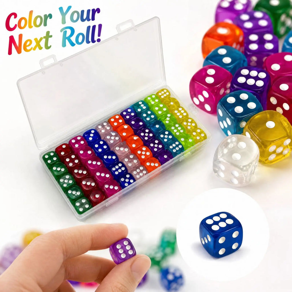 50-Pack 14mm 6-Sided Acrylic Dice – 10 Colors for Board Games