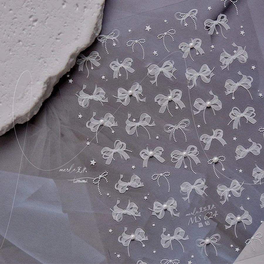 5D Lace Bow Nail Art Stickers – Pearl Rhinestone Decals