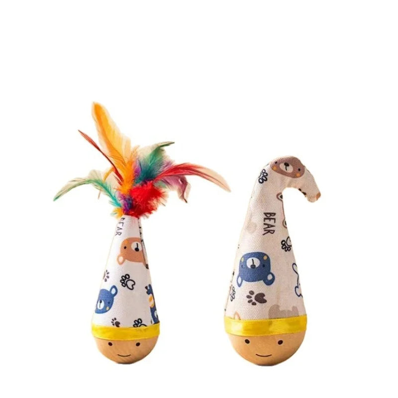 Beech Wood Tumbler Cat Toy – Feather Wobble Kitten Toy