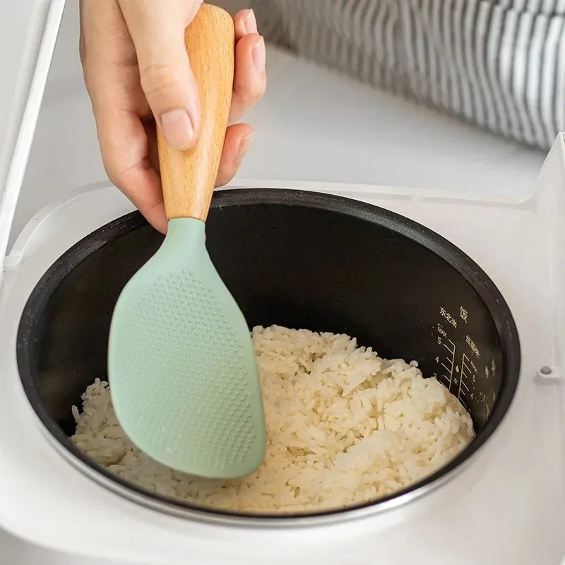 Vertical Silicone Rice Spoon – Non-Stick Wooden Handle