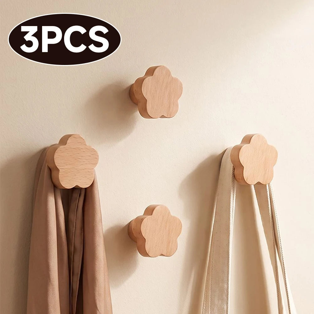Wooden Flower-Shape Adhesive Wall Hook – Coat & Towel Hanger