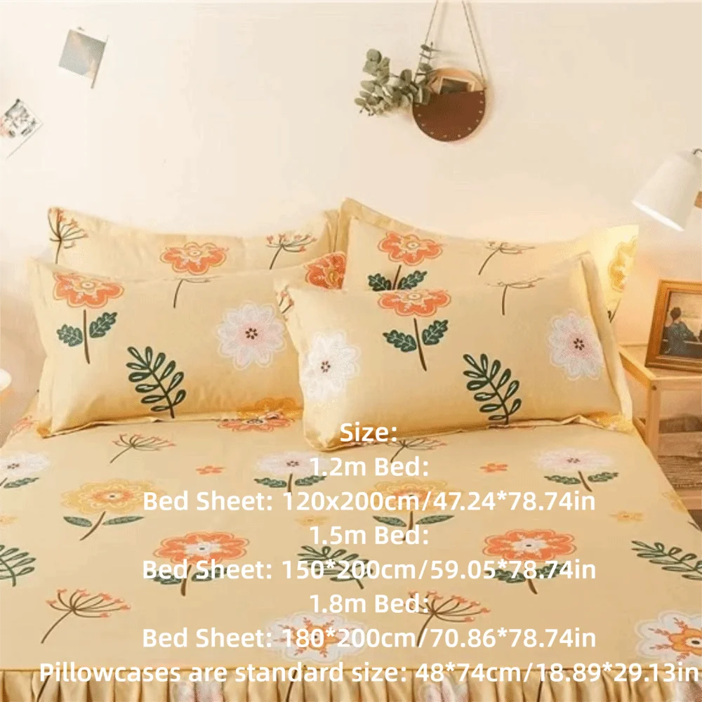 Floral 3-in-1 Cotton Bed Sheet Set with Lace Skirt & Pillowcases