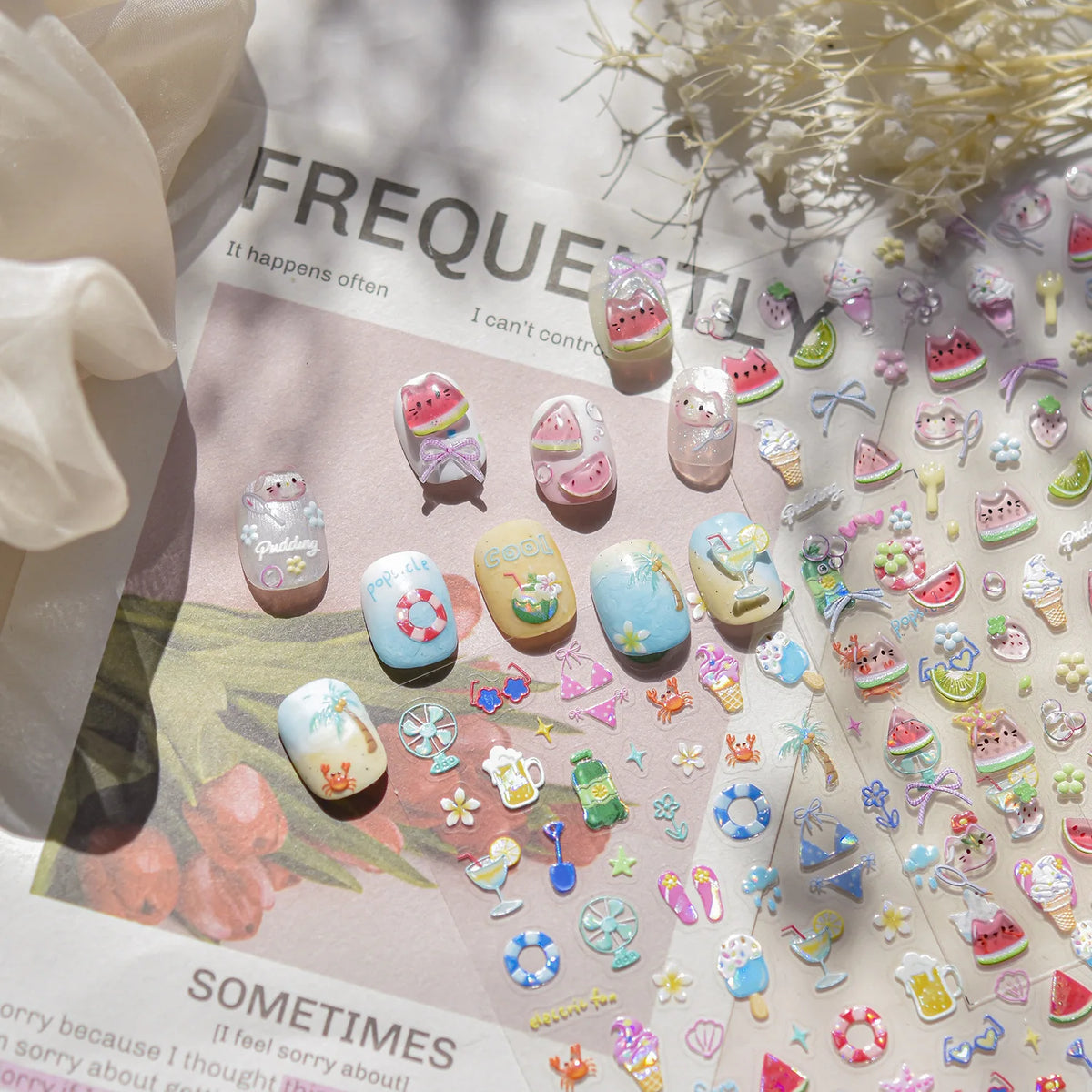 Summer Jelly Nail Stickers – Fruit, Bow & Flower Decals