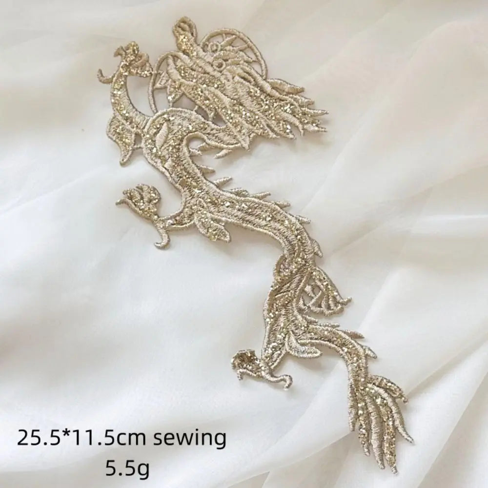 Chinese Dragon Embroidered Sequin Patch Gold Appliqué 2-Pack