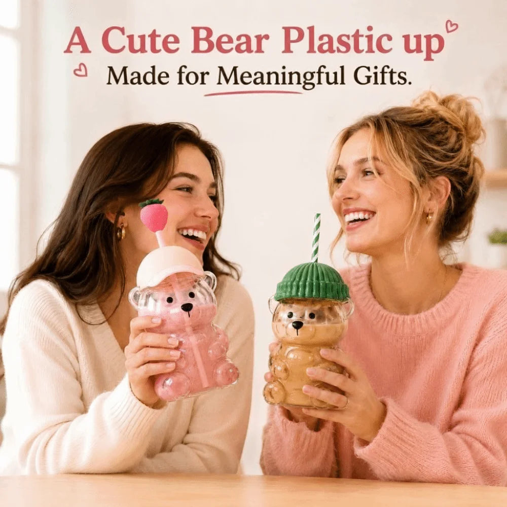 Cute Bear Straw Cup with Lid – 500ml Transparent Tumbler