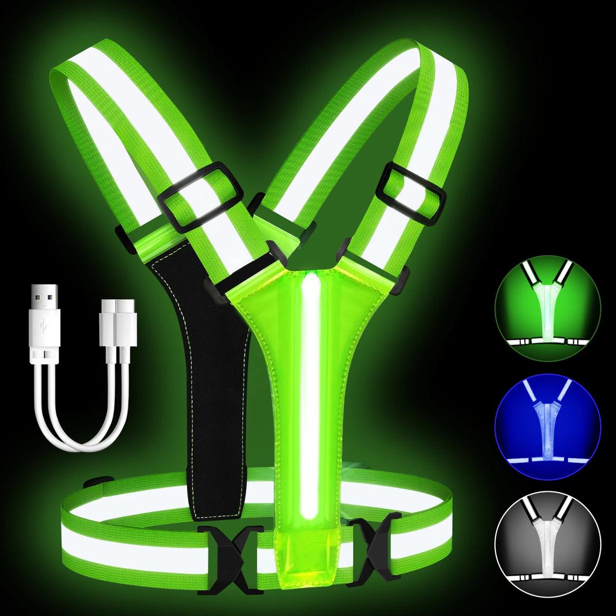 LED Reflective Running Vest USB Rechargeable High Visibility