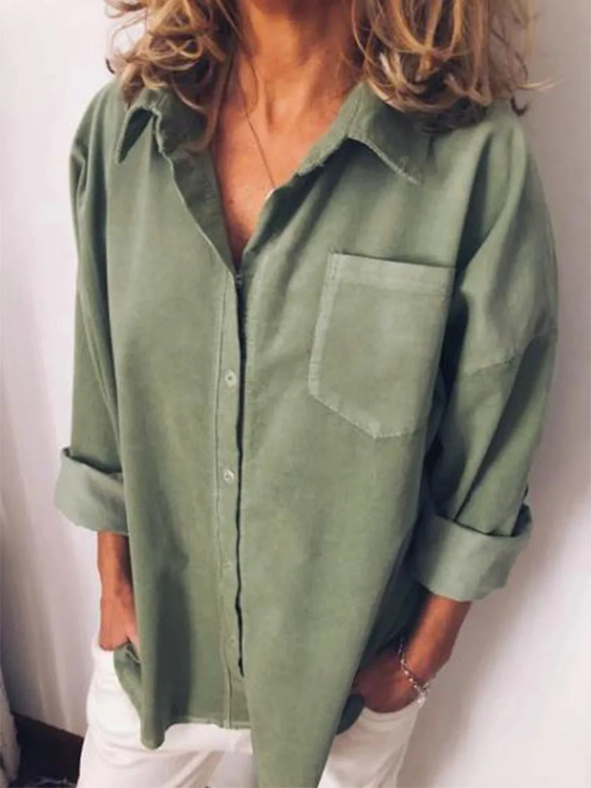 Women's Loose Long Sleeve Button Blouse with Pocket