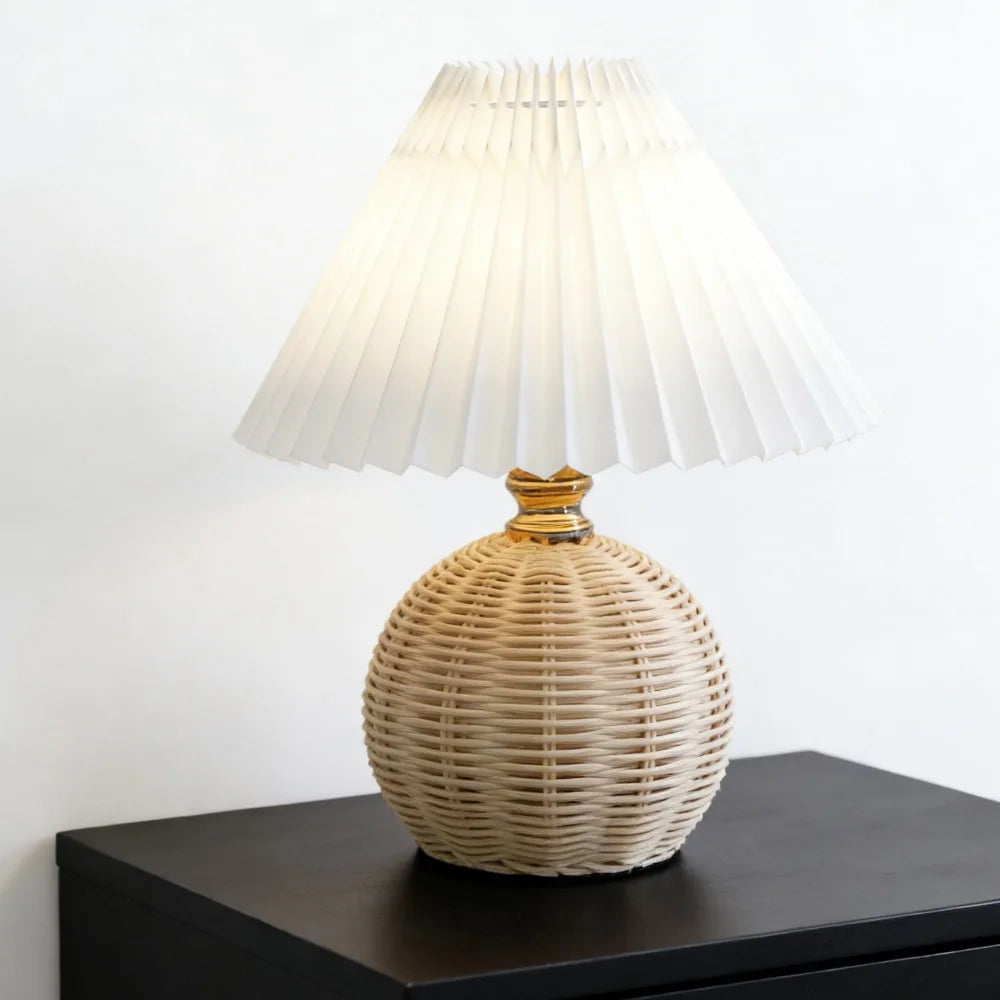 Pleated Fabric Table Lamp – Rattan Base, 3 Color Temps