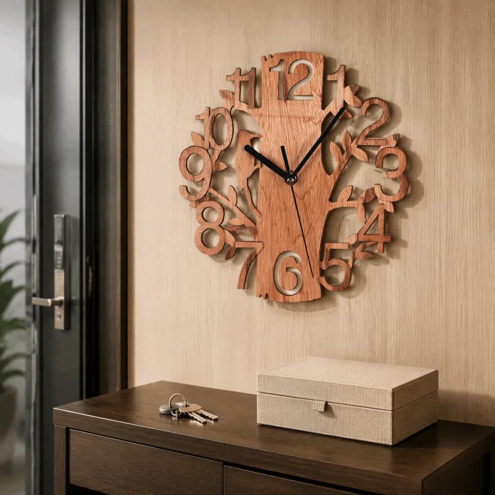 10" Round Wooden Wall Clock – Silent Sweep, Tree & Bird Cutout
