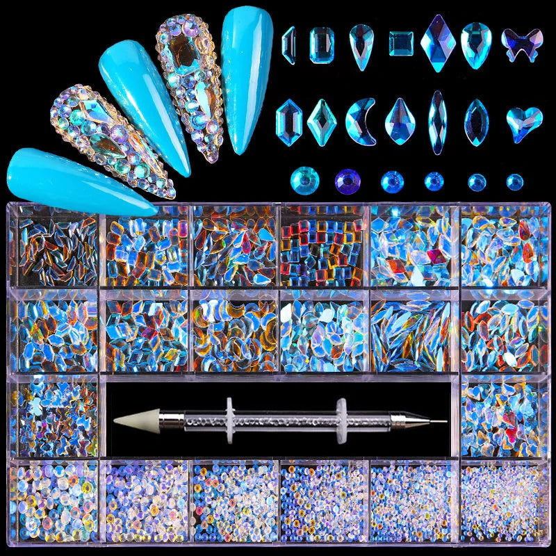 480pcs Nail Rhinestone Set – 21 Grid Mixed Diamond Gems