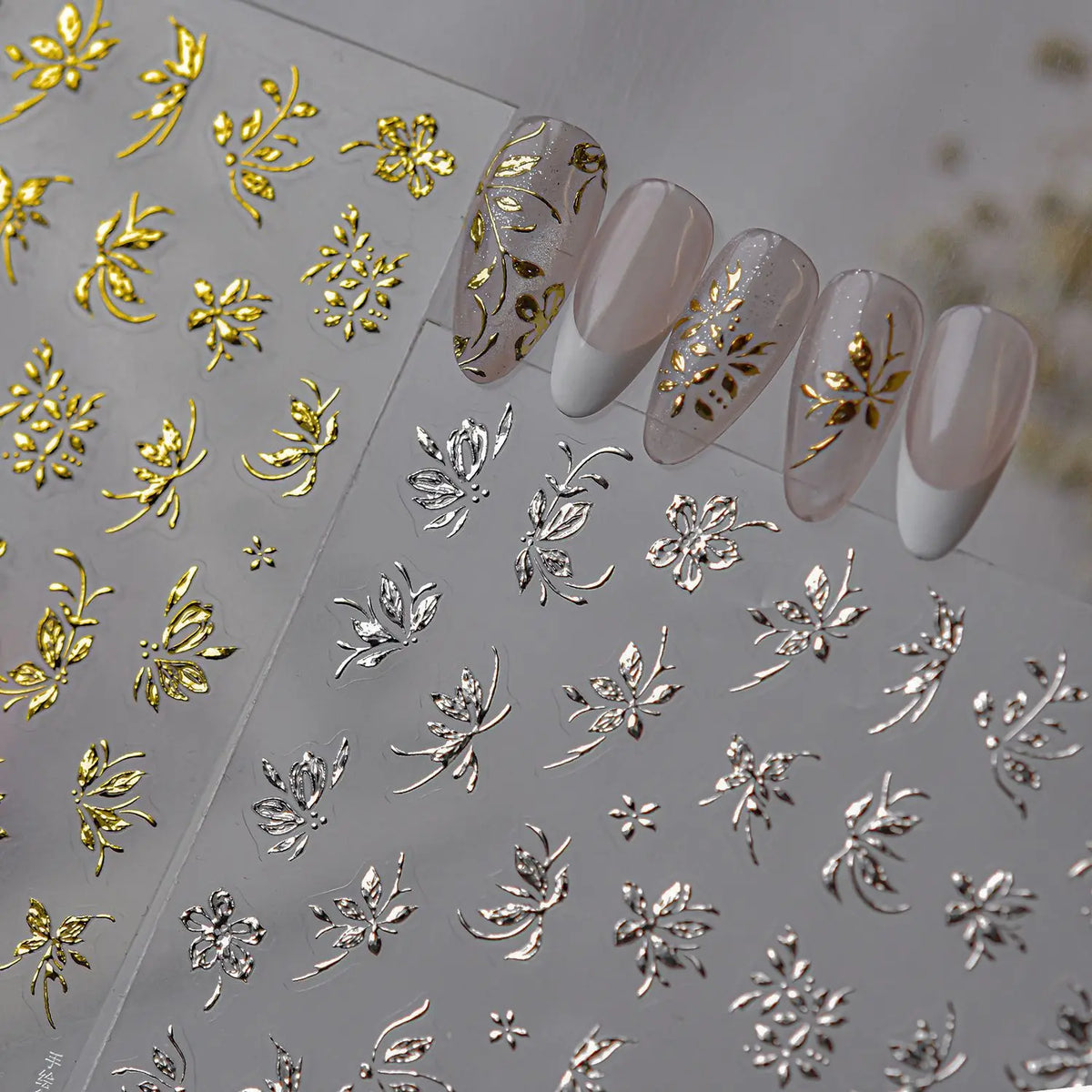 Bronzing Metallic Flower Nail Art Stickers – Gold & Silver Decals