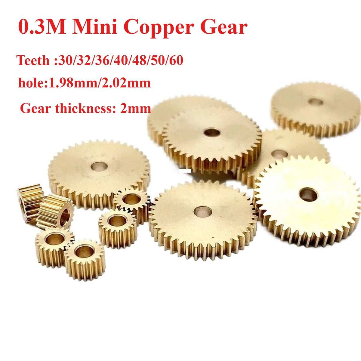5-Pack 0.3M Mini Copper Spur Gears 30–60 Teeth | 2mm Thick