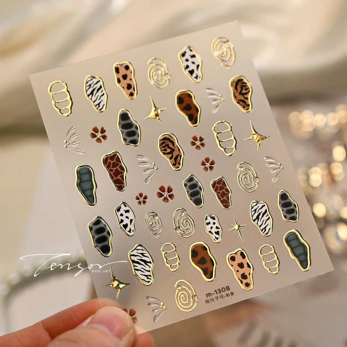 Retro 3D Animal Print Nail Stickers – Gold Leopard & Cow Decals