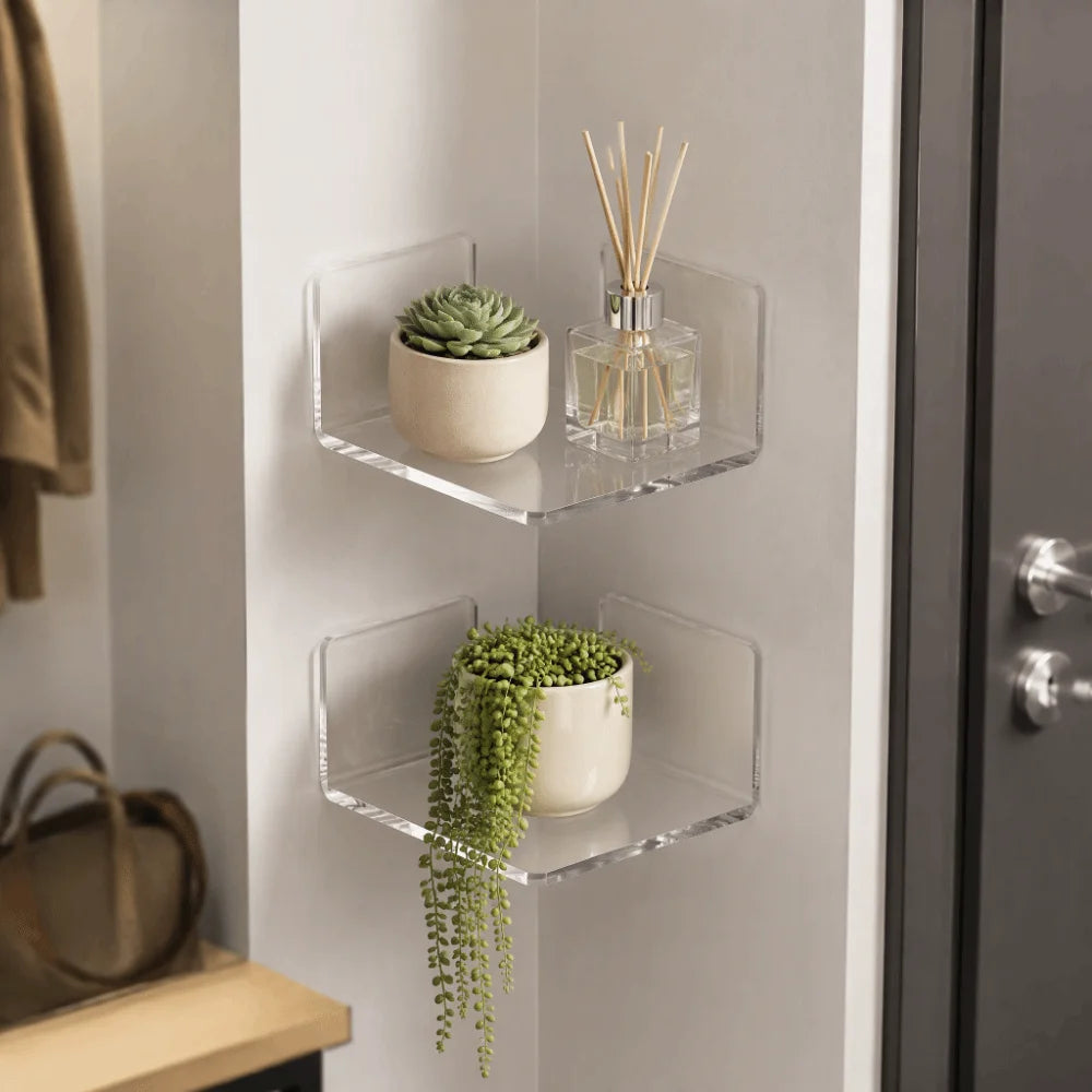 3-Pack Clear Acrylic Floating Corner Wall Shelves – No Drill