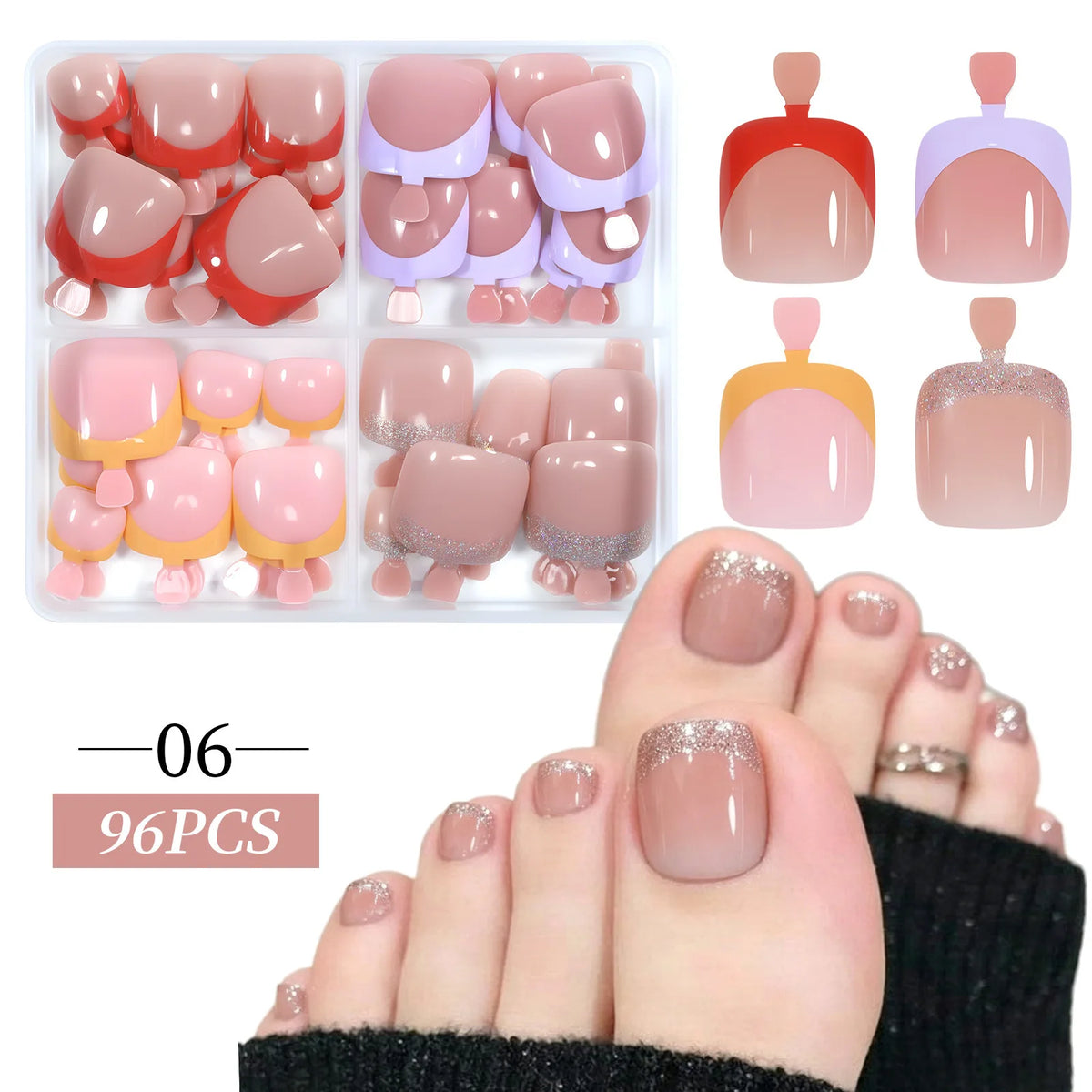 96Pcs Press On Toenails Cat Eye French Glitter Full Cover Tips