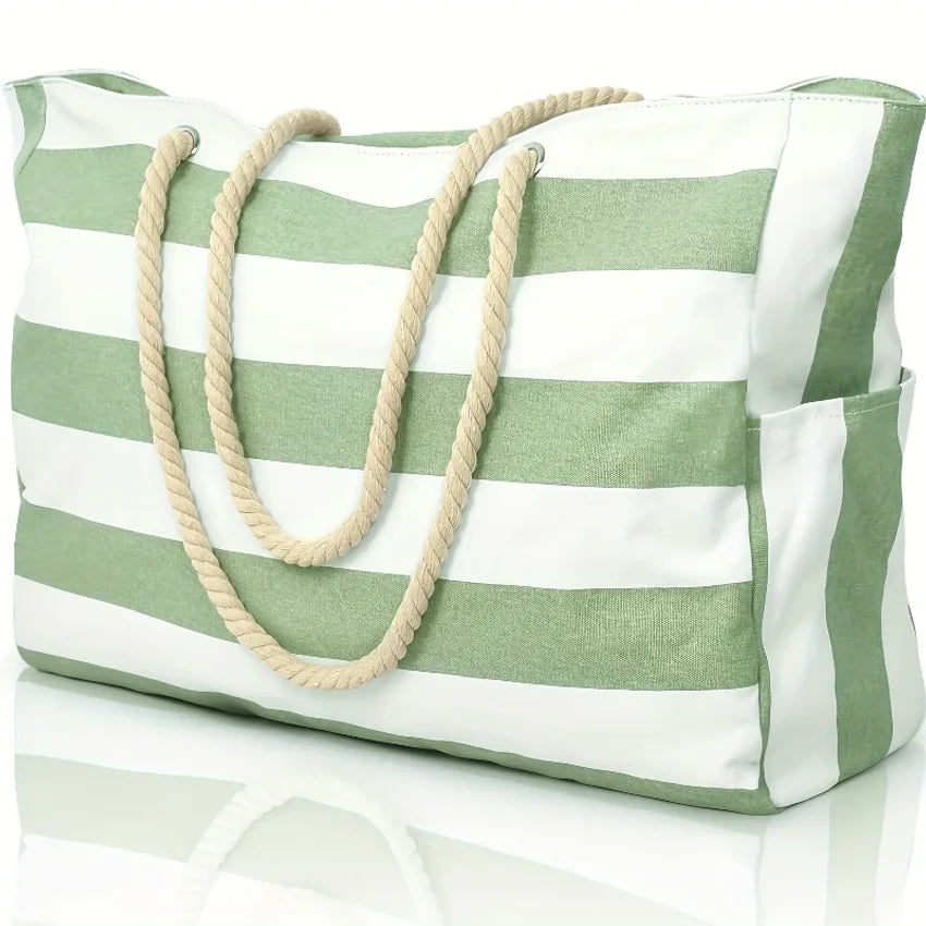 VIBE Striped Beach Tote Bag – Waterproof Foldable Shoulder Bag