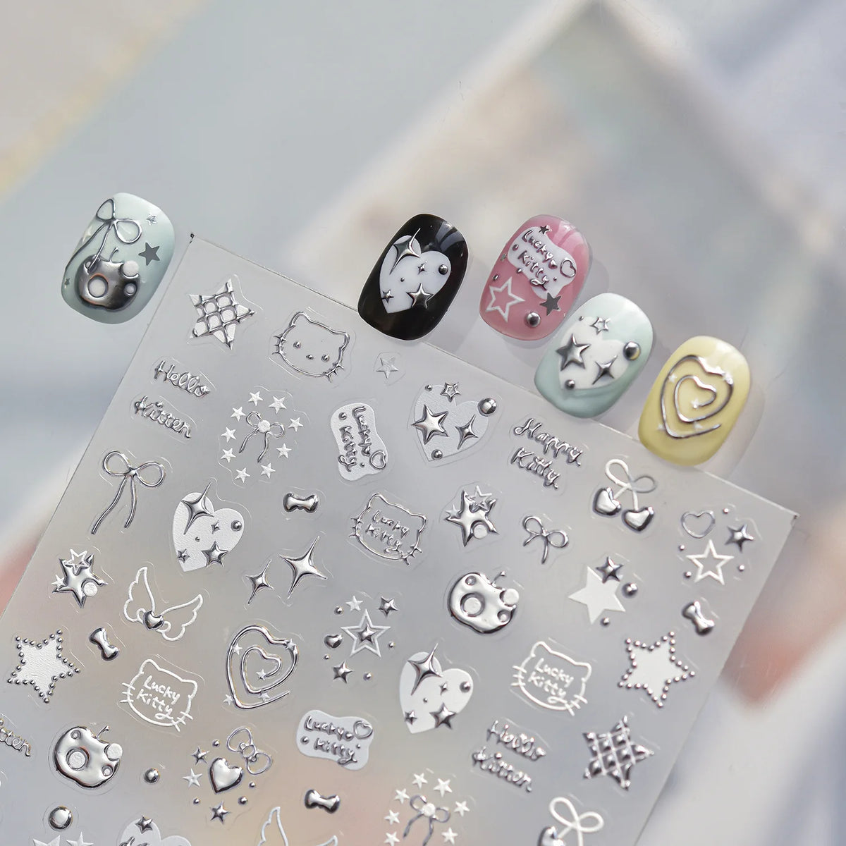 5D Embossed Silver Metallic Nail Art Stickers – Stars & Bows
