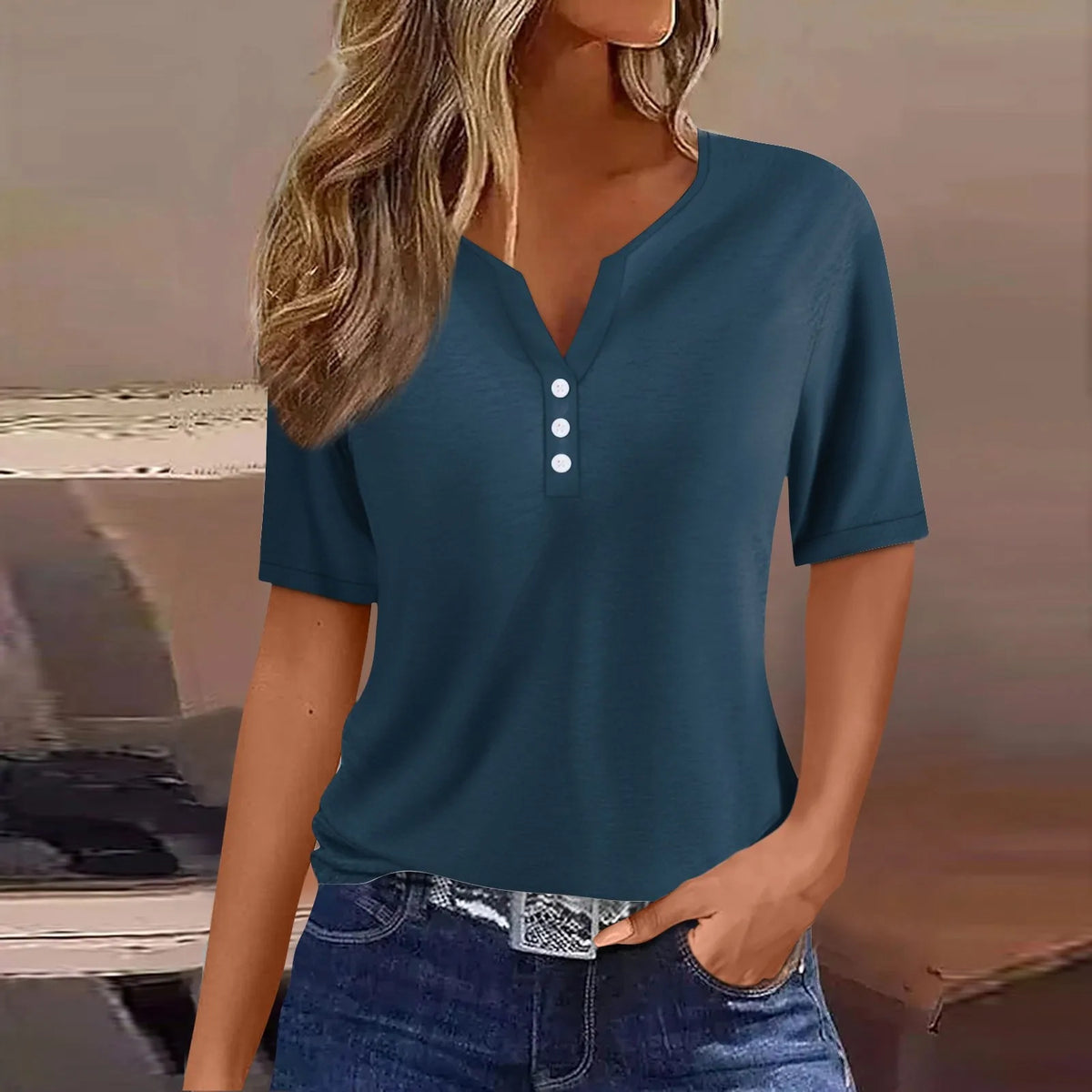 Women's V-Neck Button T-Shirt Loose Casual Top Plus Size S–XXXL