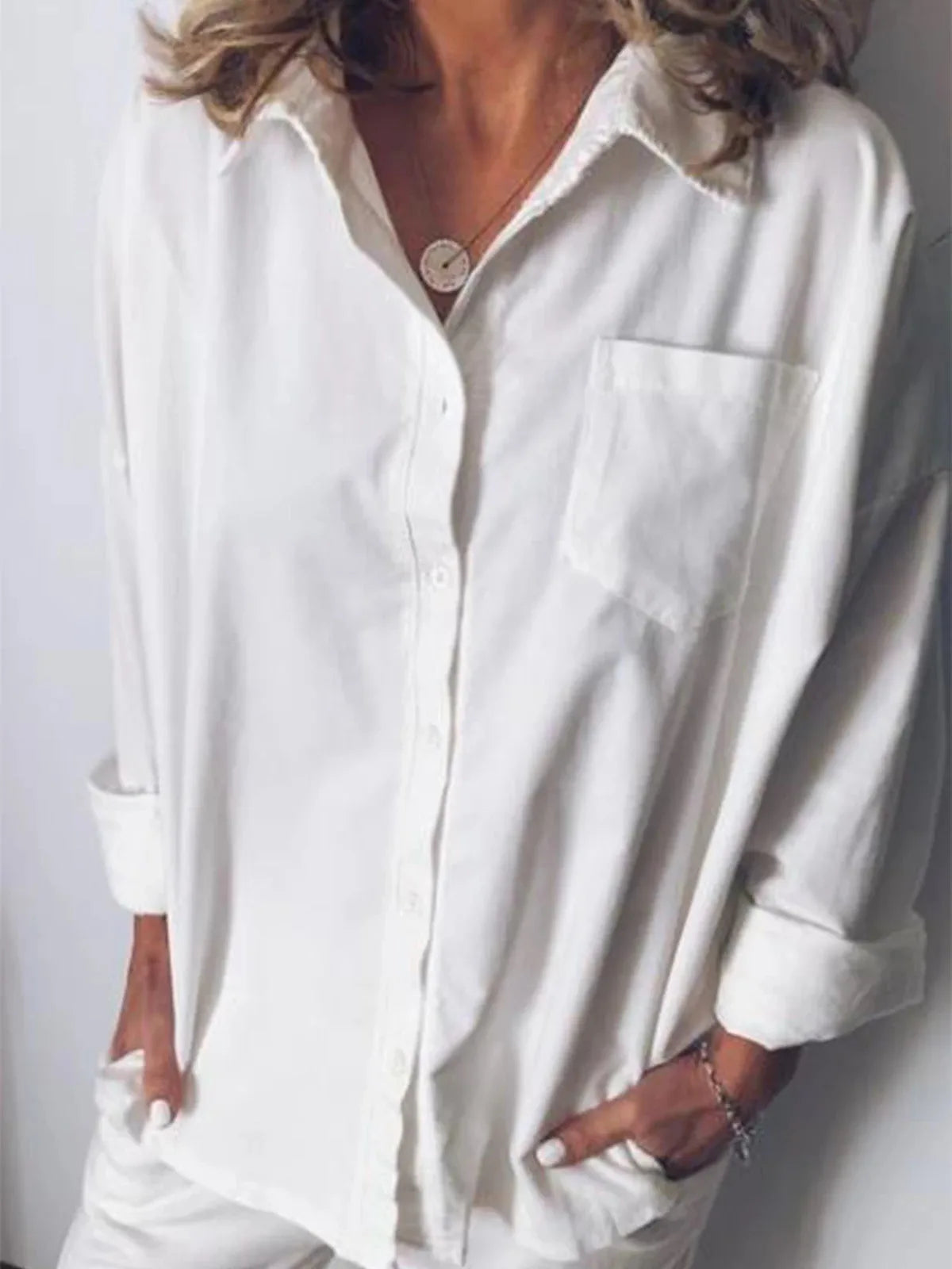 Women's Loose Long Sleeve Button Blouse with Pocket