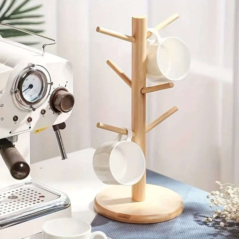 Bamboo Cup Holder with Hooks – Kitchen & Office Organizer
