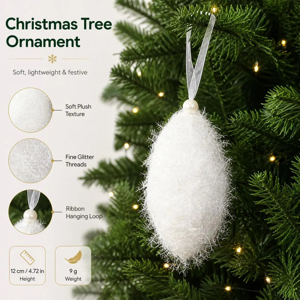 White Plush Christmas Ornament – Glitter Threads & Ribbon Loop
