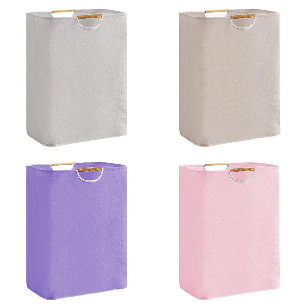 Collapsible Linen Laundry Basket with Wooden Handle