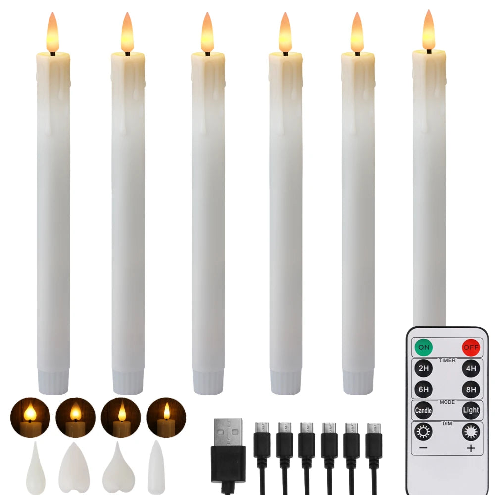 6-Pack Rechargeable Flameless Taper Candles 9.6" Remote & Timer