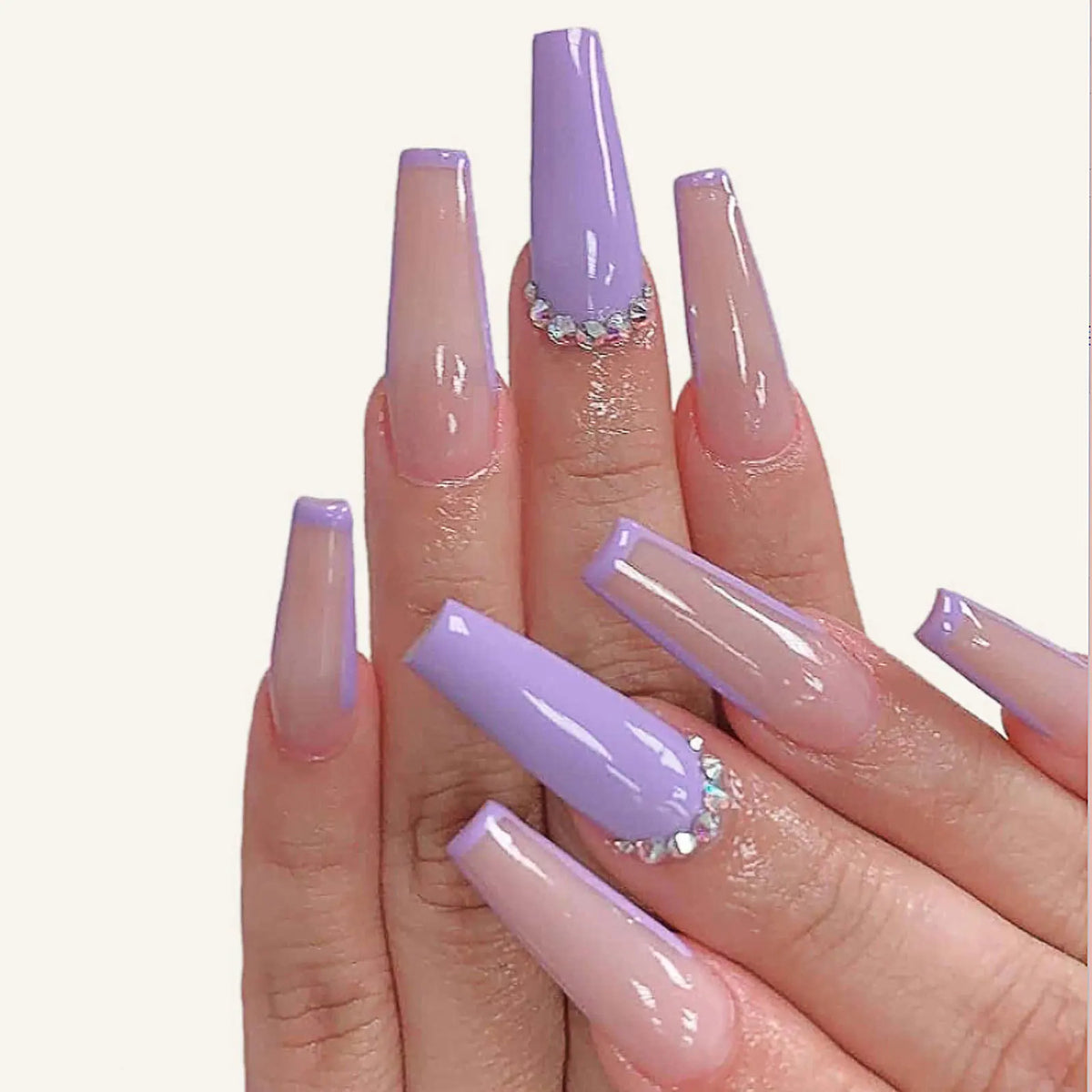Long Coffin Press-On Nails – Purple French Tip & Rhinestones