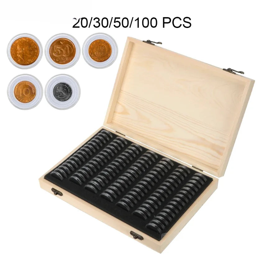 Wooden Coin Storage Box with Capsules & Pads – 20 to 100 Slots