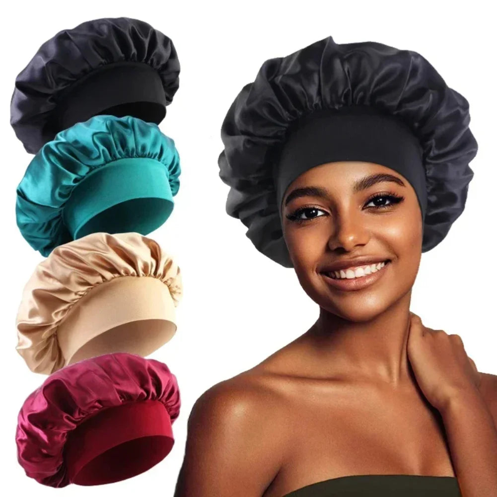 Satin Nightcap Wide-Brim Sleep Cap with Elasticated Band