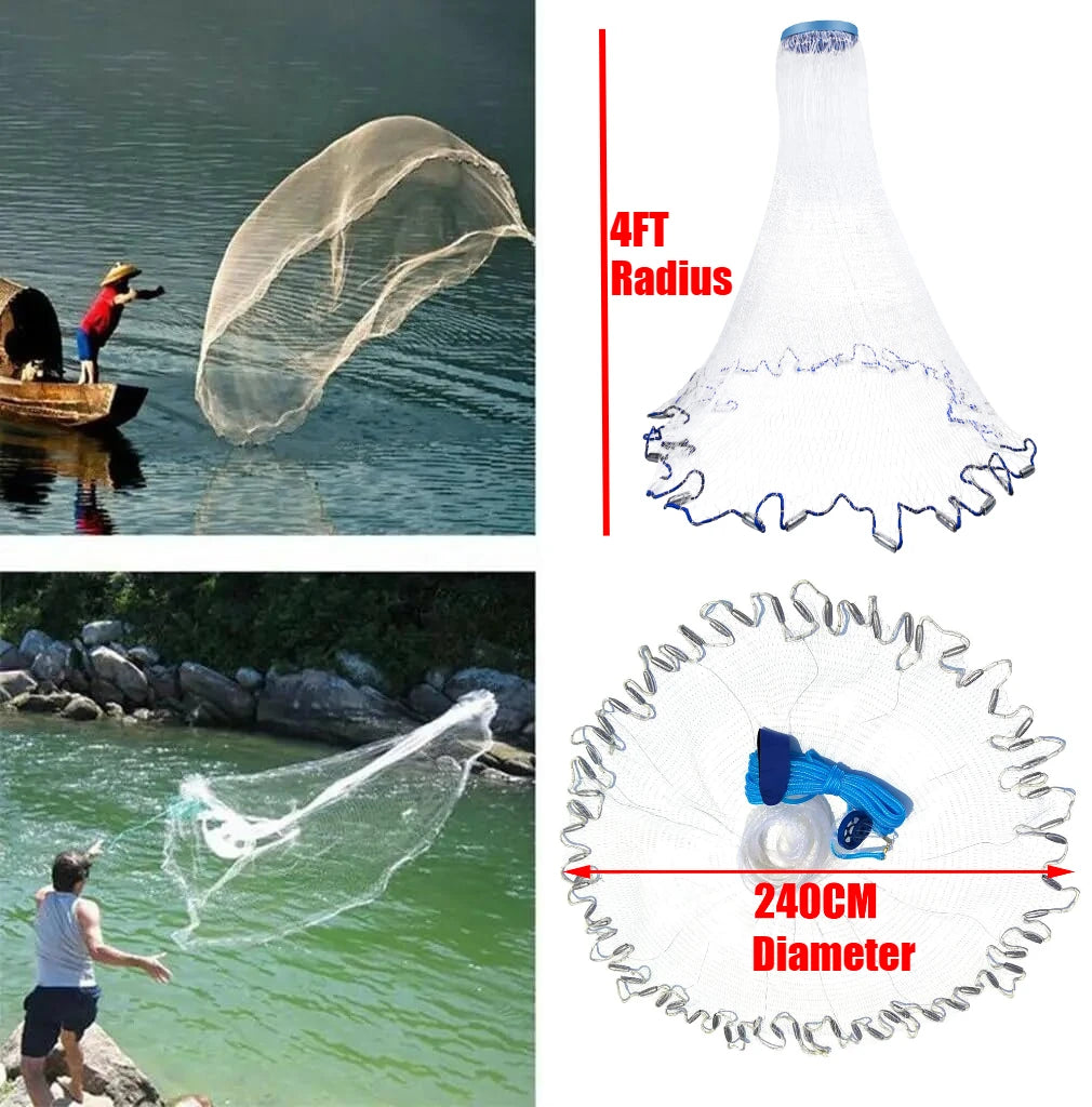 Saltwater Fishing Cast Net 3–10ft Radius with Sinkers & Gloves