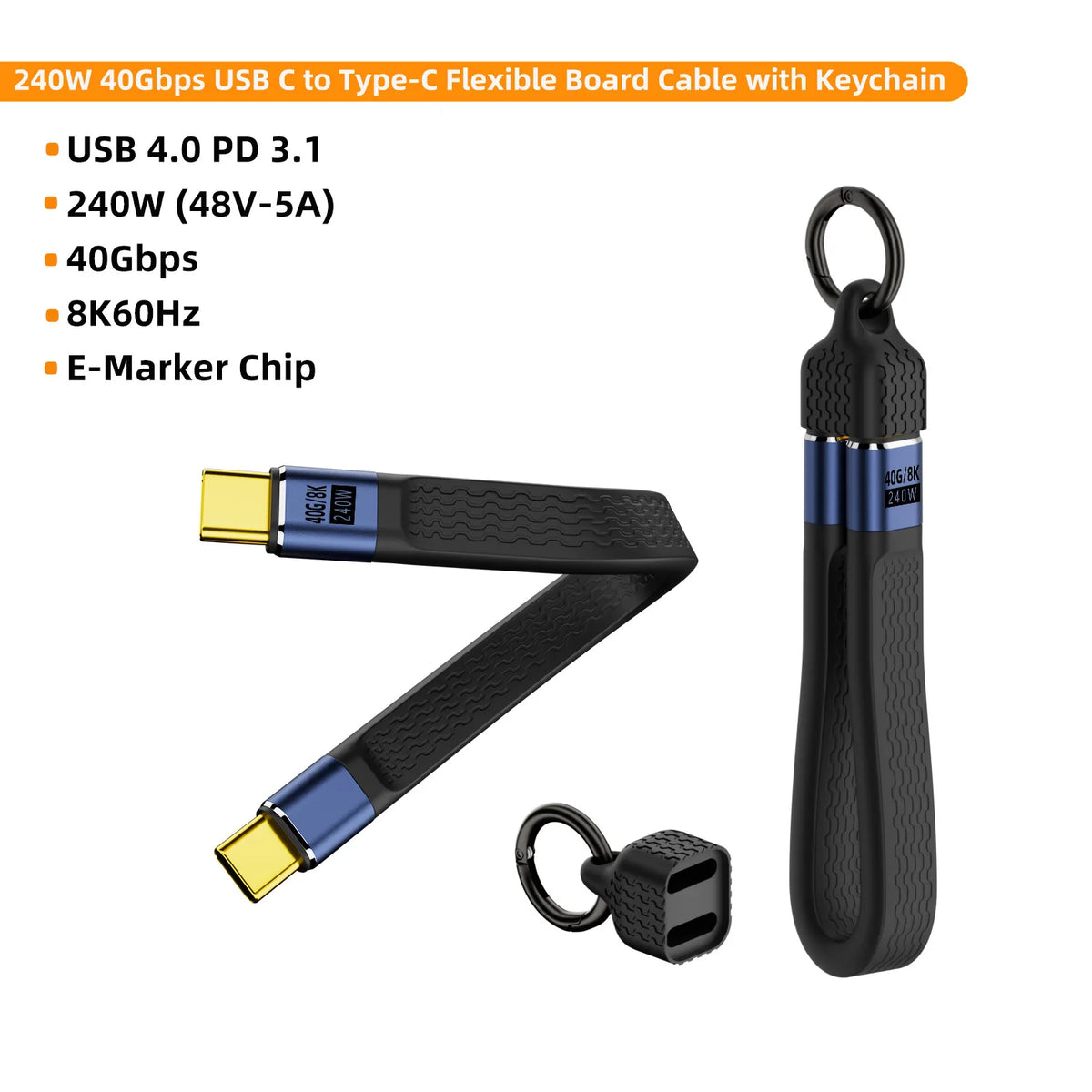 USB4 Keychain Cable 240W 40Gbps Thunderbolt 4 8K@60Hz USB-C