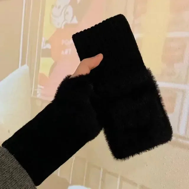 Women's Soft Plush Fingerless Gloves – Faux Mink Fur Warmth