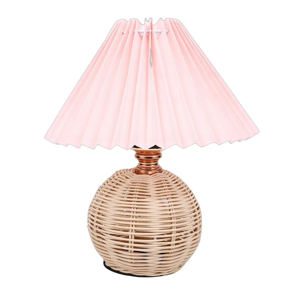 Pleated Fabric Table Lamp – Rattan Base, 3 Color Temps