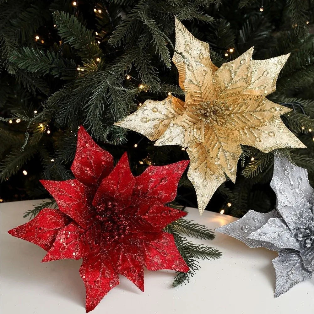 29cm Glitter Poinsettia Artificial Christmas Flower – Gold & Red