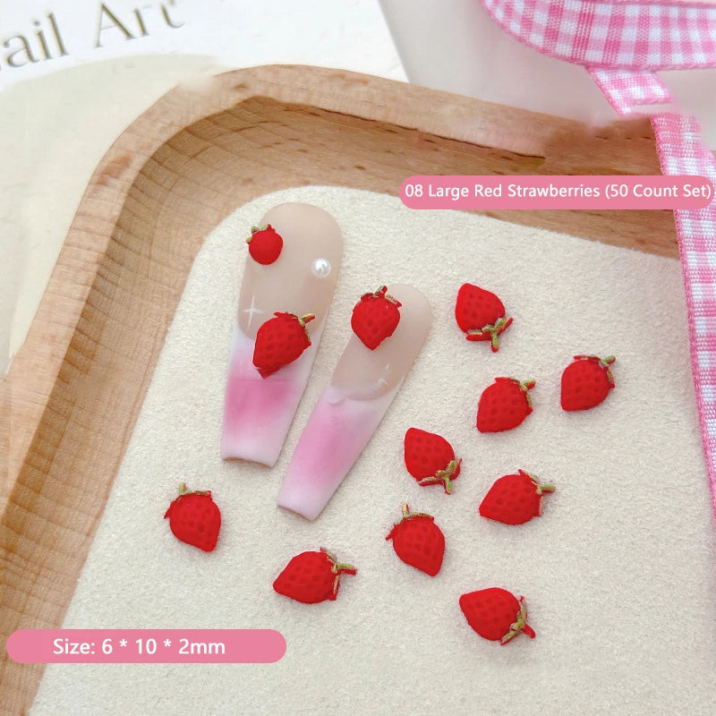50PCS 3D Strawberry Nail Charms Resin Fruit DIY Nail Art Decor