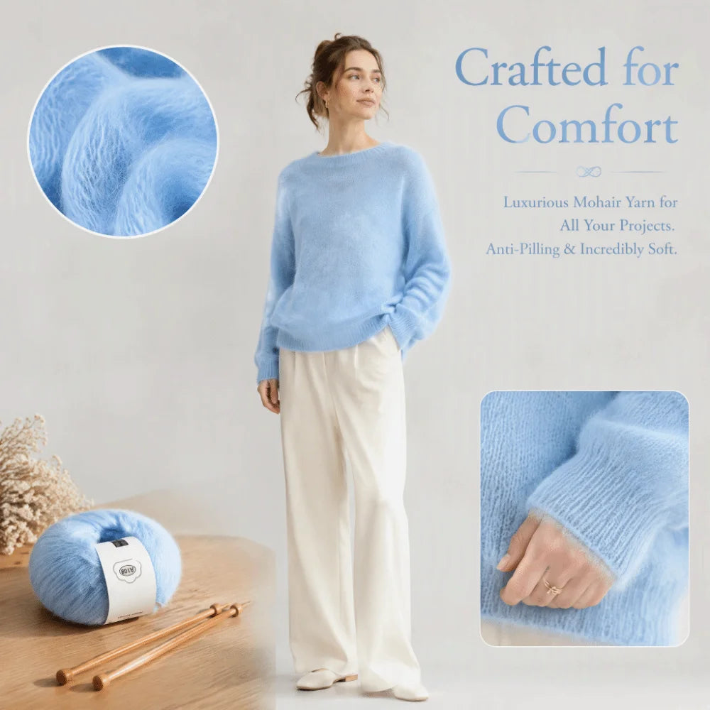 Light Blue Mohair Wool Blend Yarn – Soft Knitting Crochet Yarn