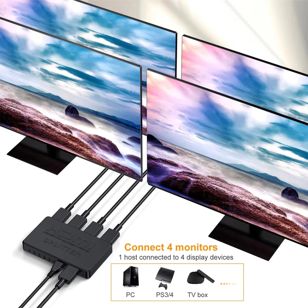 VIBE 1 in 4 Out HDMI Splitter 4K 1x4 Hub – PS4, Laptop, TV