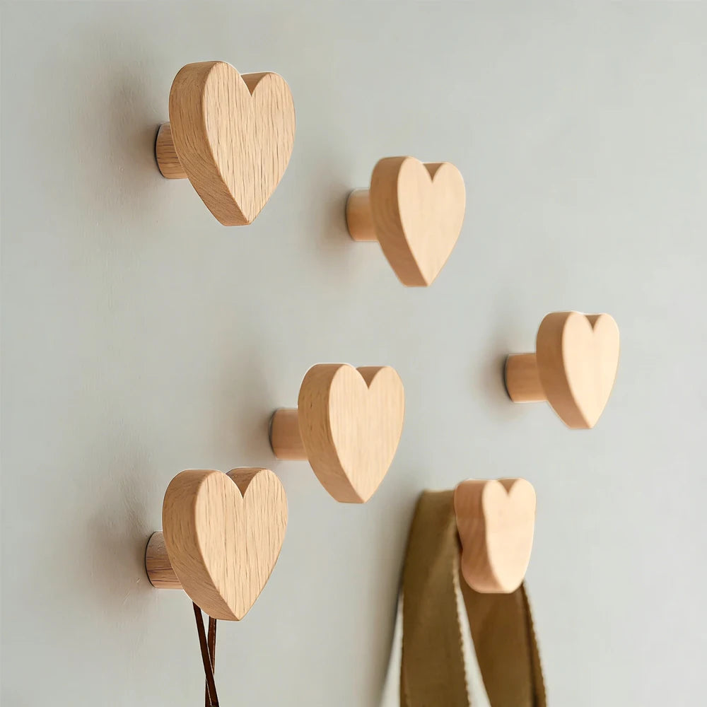 Wooden Heart Shaped Wall Hooks – Adhesive & Screw Mount