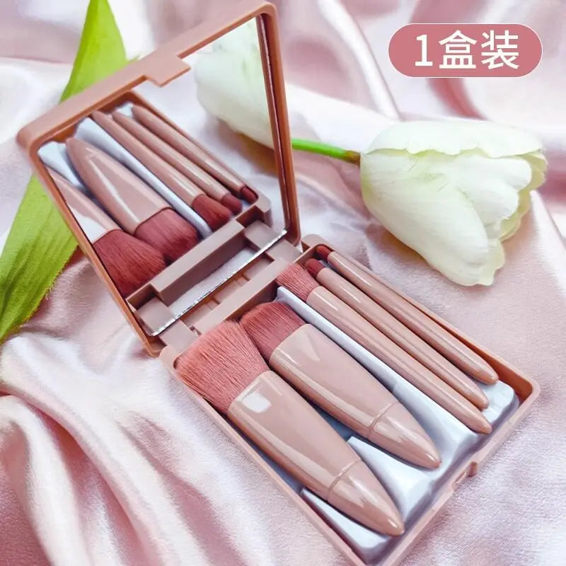 5-Piece Travel Makeup Brush Set with Built-In Mirror Case
