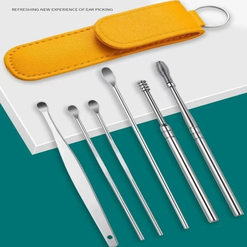 Stainless Steel Ear Pick Kit 6-Piece Set with Leather Case