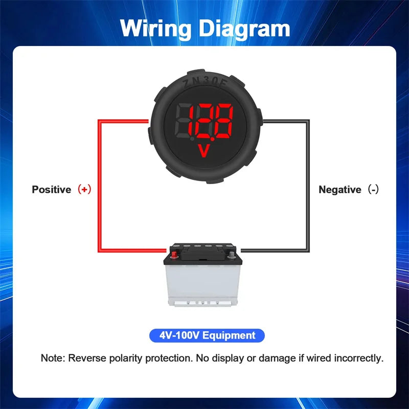 DC 4–100V LED Digital Voltmeter IP67 Waterproof Panel Mount