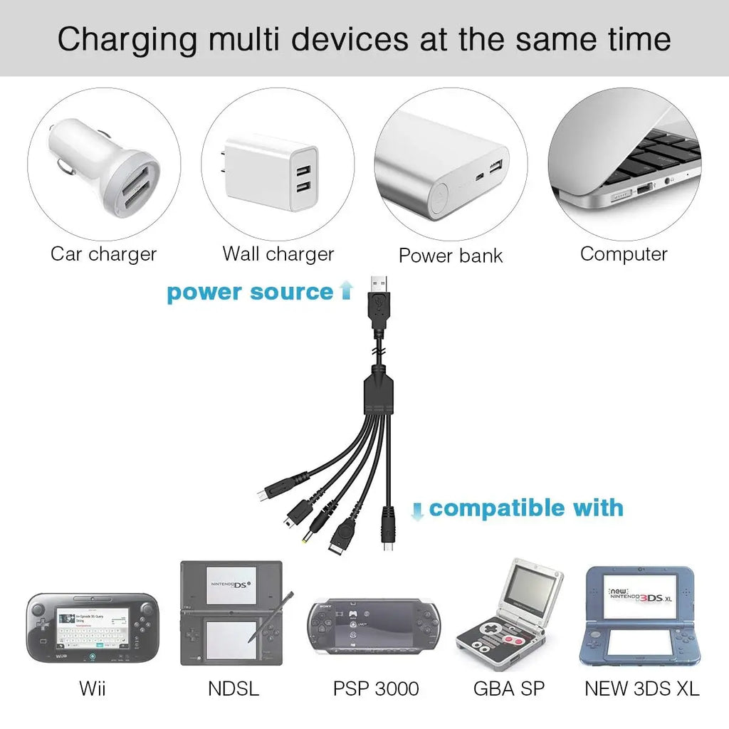 5-in-1 USB Charging Cable for 3DS, GBA SP, PSP & Wii U