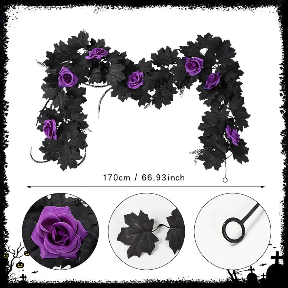 Halloween Maple Leaf Garland – Silk Faux Leaves & Gold Berries
